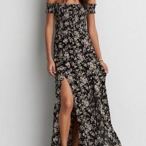 American Eagle Smocked Maxi Black Floral Dress with Slits.